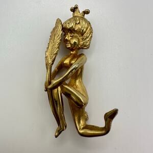 Hobé Hobe vintage gold tone kneeling woman with leaf figural brooch pin
